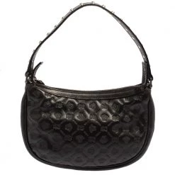 Versace Black Logo Embossed Leather Small Studded Baguette Bag For Women