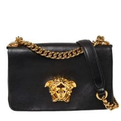 Versace Black Leather Palazzo Flap Chain Shoulder Bag For Women