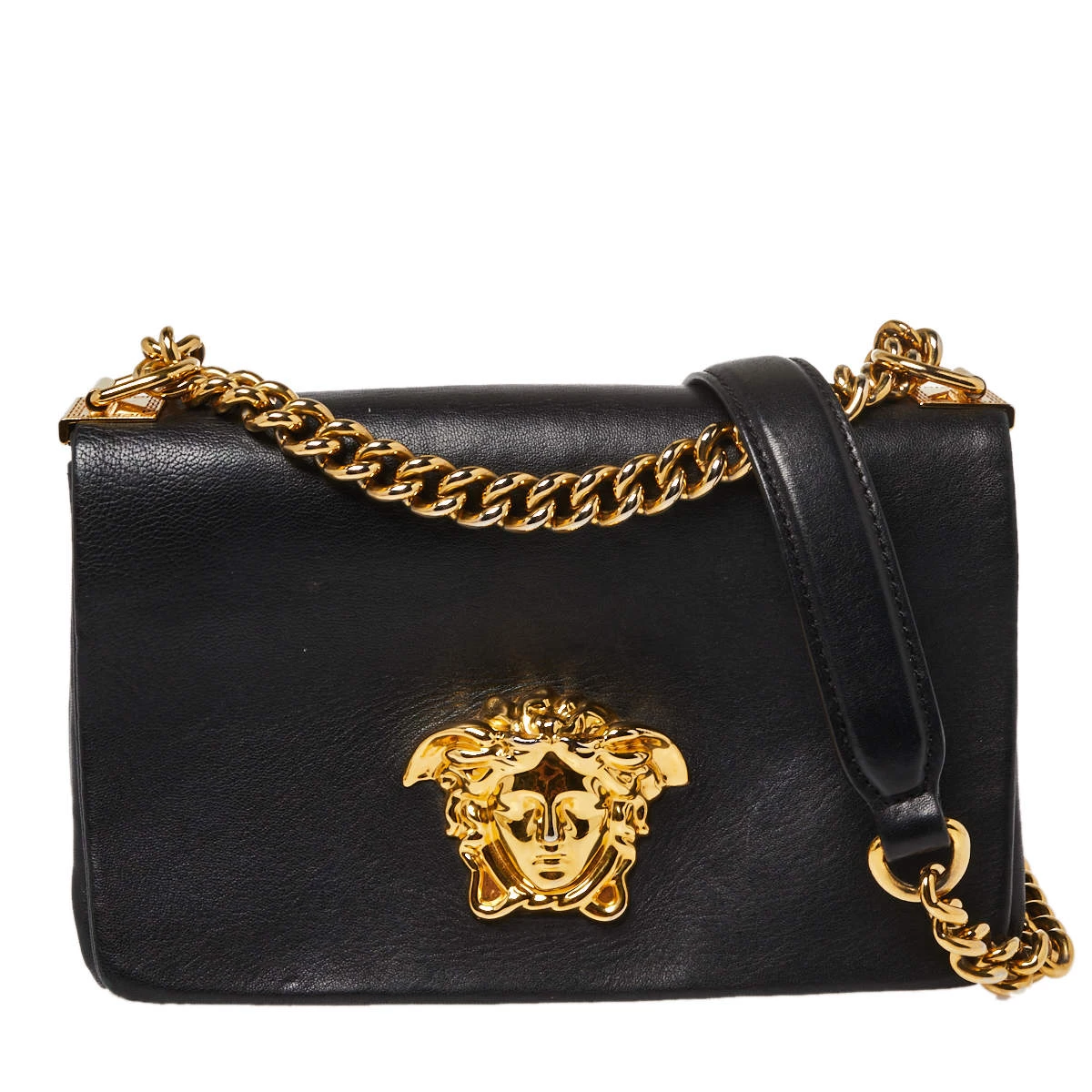 Versace Black Leather Palazzo Flap Chain Shoulder Bag For Women
