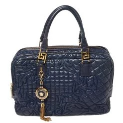 Versace Navy Blue Leather Demetra Vanitas Satchel For Women