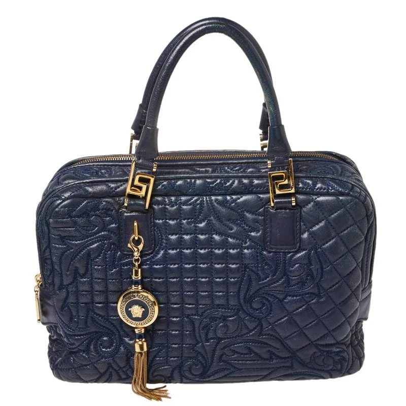 Versace Navy Blue Leather Demetra Vanitas Satchel For Women