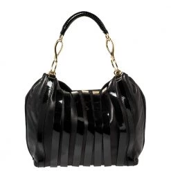 Versace Black Patent And Leather Stripe Logo Hobo For Women