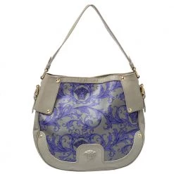 Versace Grey/Blue Majolica Print Leather Hobo For Women