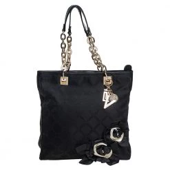 Versace Black Monogram Canvas And Fabric Floral Applique Tote For Women