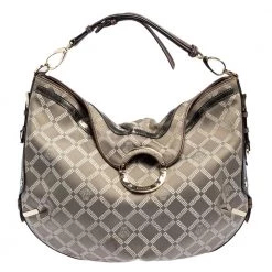 Versace Metallic Grey Signature Canvas And Leather Trim Hobo For Women