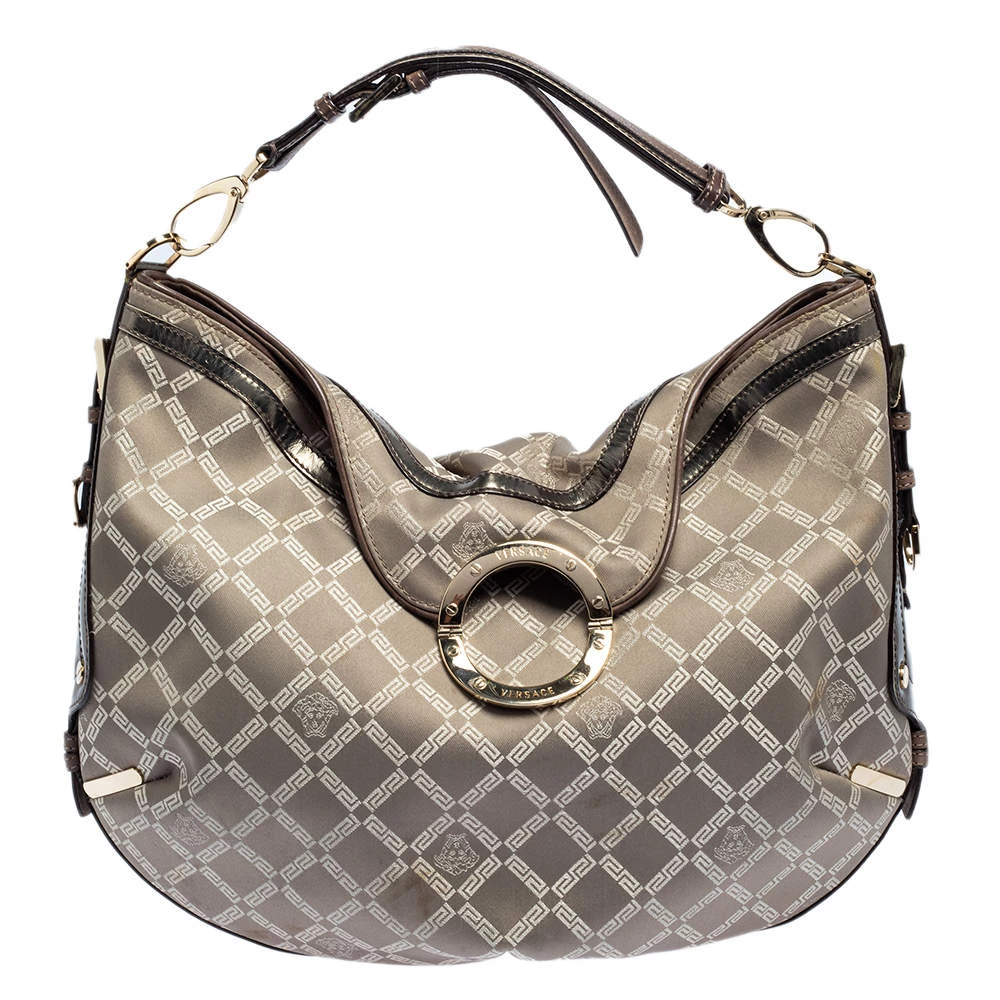 Versace Metallic Grey Signature Canvas And Leather Trim Hobo For Women