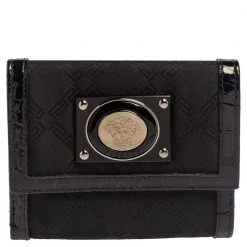 Versace Black Signature Nylon And Croc Embossed Patent Leather Flap Compact Wallet For Women