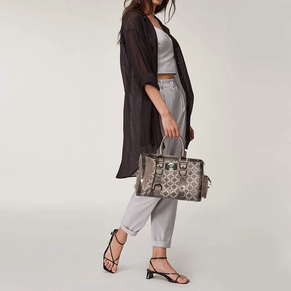 Versace Metallic Grey Signature Canvas And Croc Embossed Leather Snap Out Of It Satchel For Women - Image 2