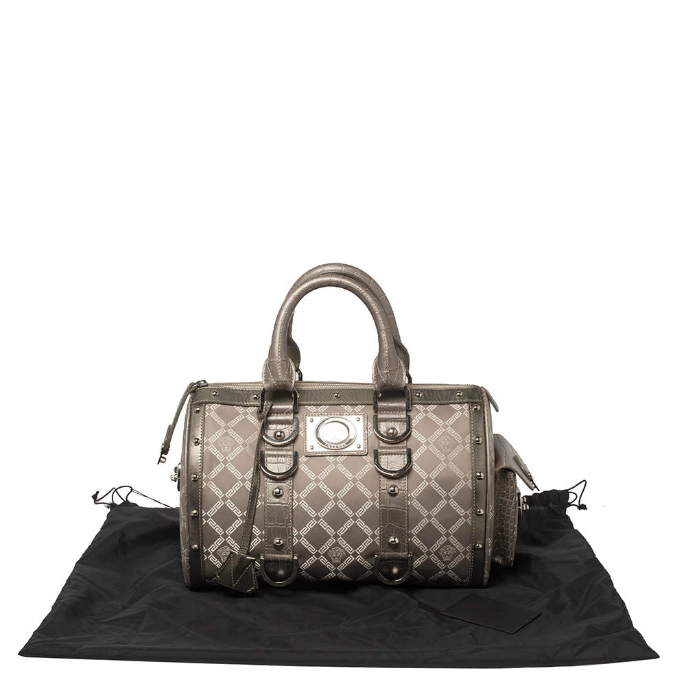 Versace Metallic Grey Signature Canvas And Croc Embossed Leather Snap Out Of It Satchel For Women - Image 9