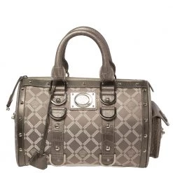 Versace Metallic Grey Signature Canvas And Croc Embossed Leather Snap Out Of It Satchel For Women