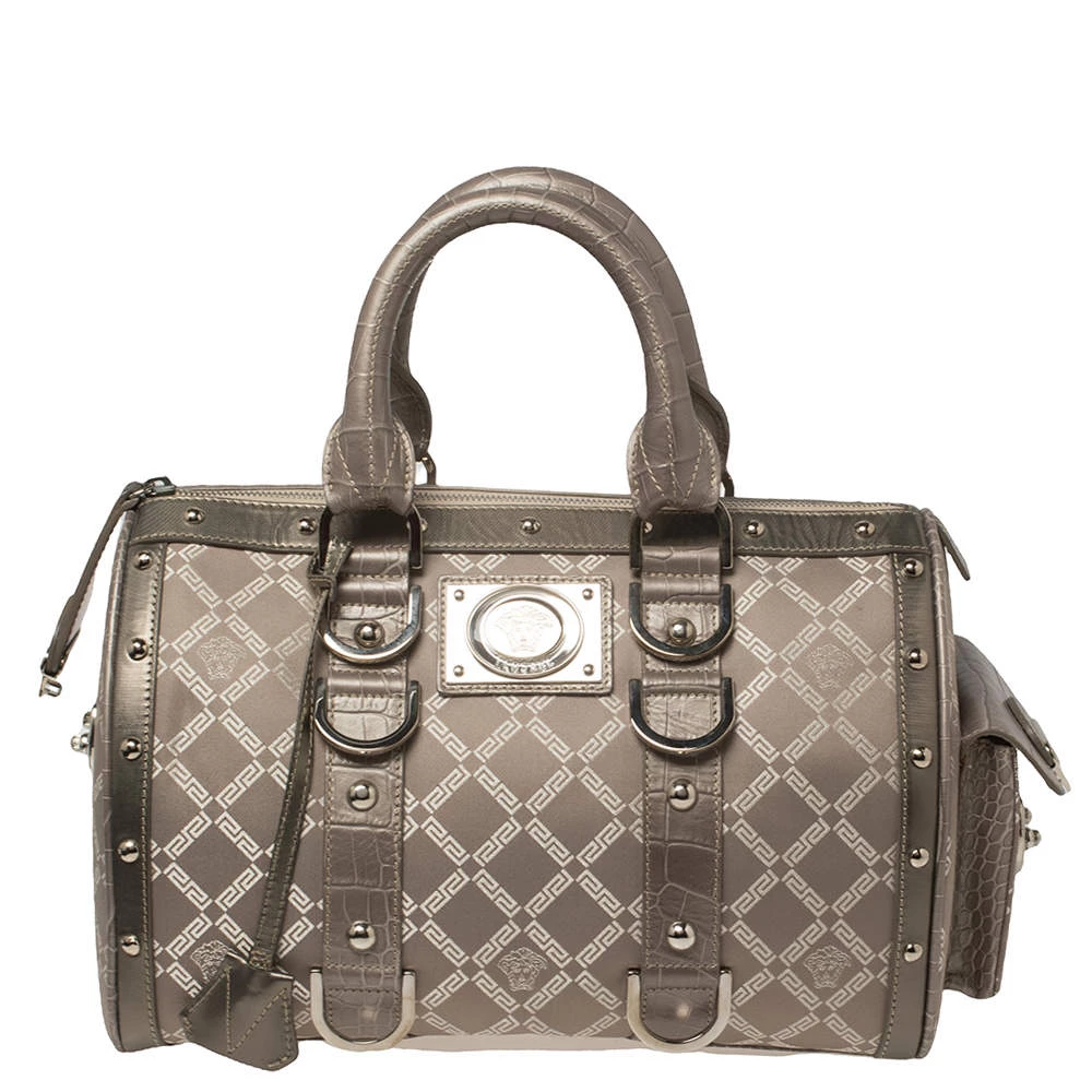 Versace Metallic Grey Signature Canvas And Croc Embossed Leather Snap Out Of It Satchel For Women