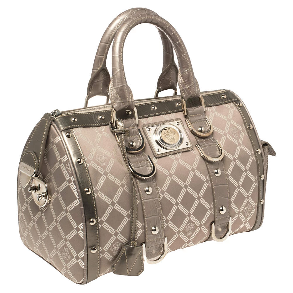 Versace Metallic Grey Signature Canvas And Croc Embossed Leather Snap Out Of It Satchel For Women - Image 3