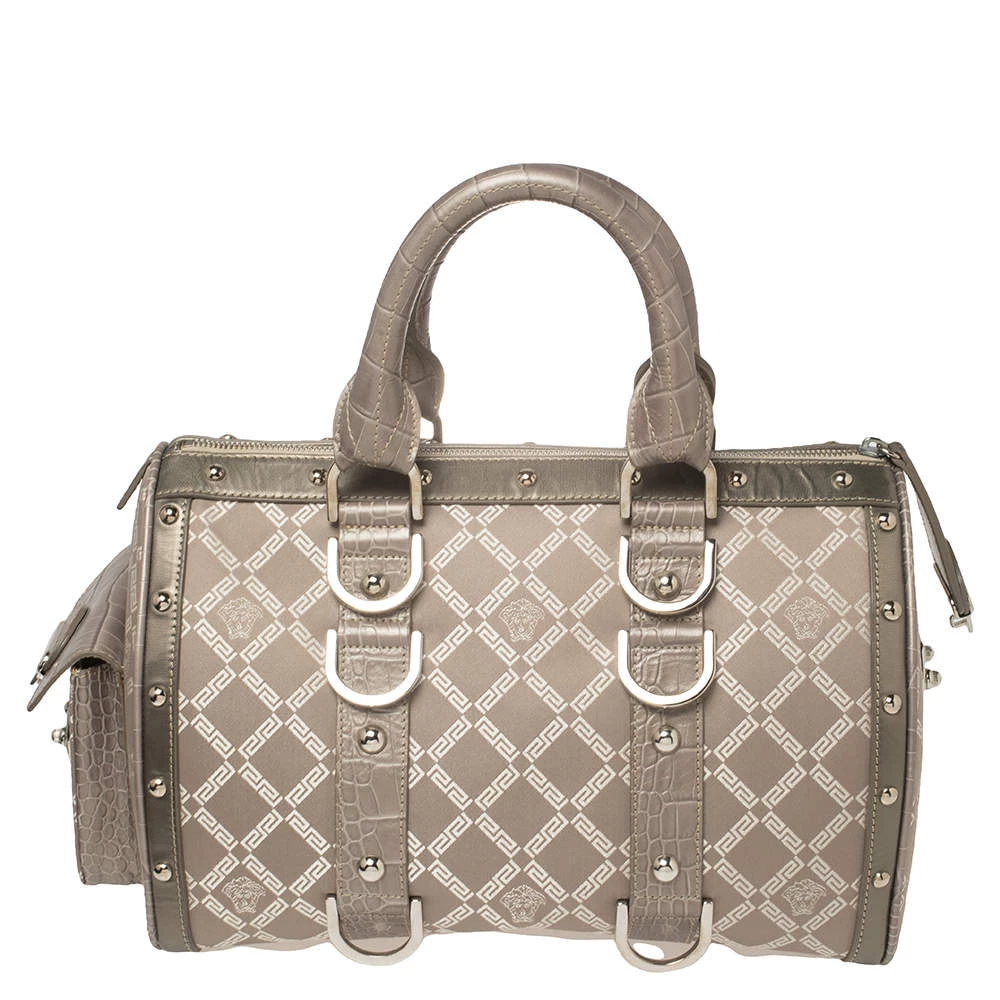 Versace Metallic Grey Signature Canvas And Croc Embossed Leather Snap Out Of It Satchel For Women - Image 4