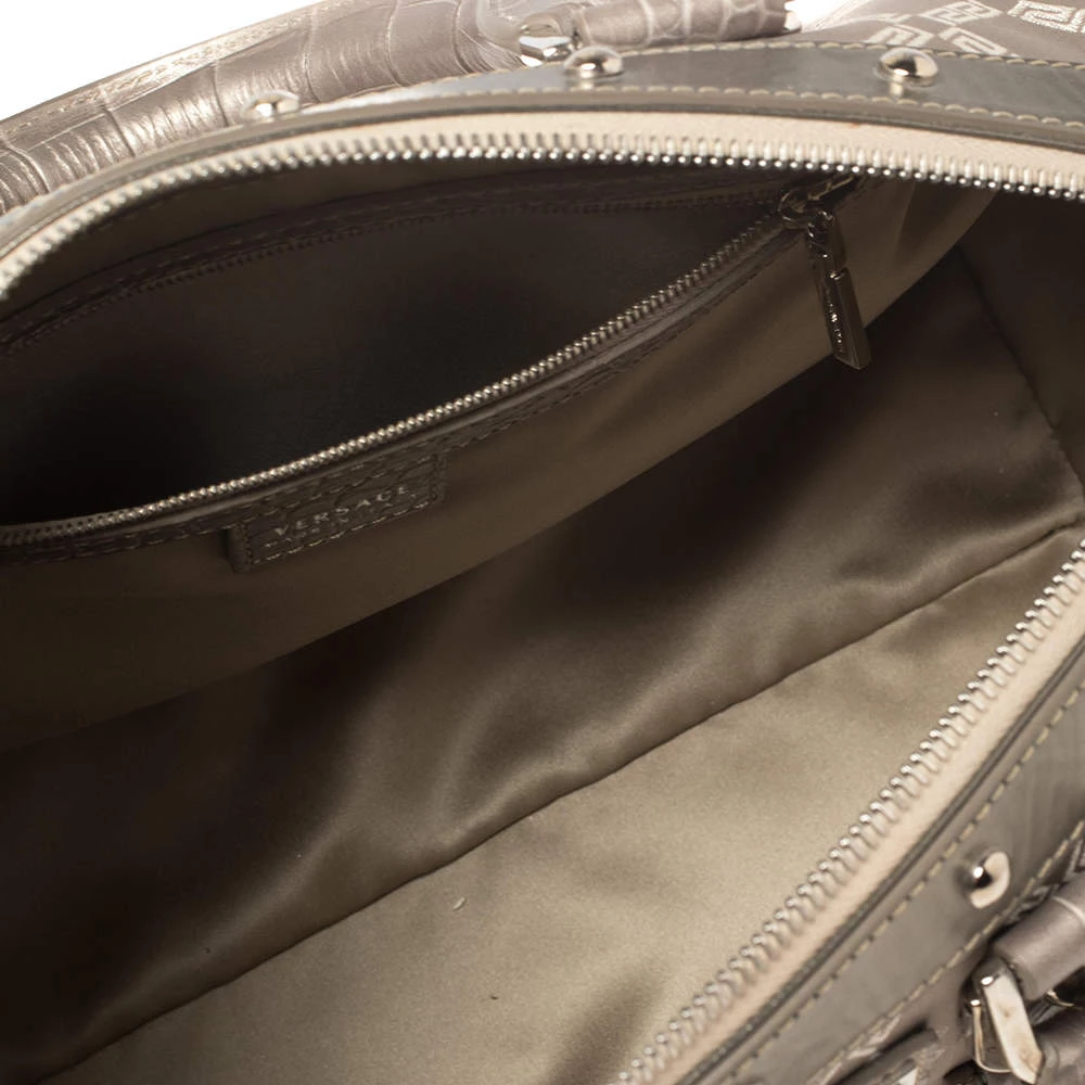 Versace Metallic Grey Signature Canvas And Croc Embossed Leather Snap Out Of It Satchel For Women - Image 7