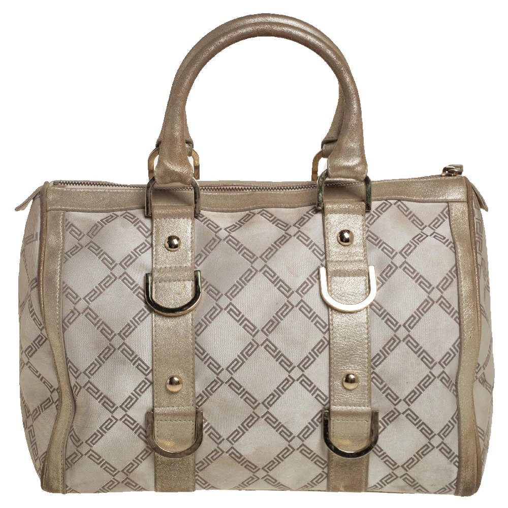 Versace Metallic Gold/Cream Signature Canvas And Leather Snap Out Of It Satchel For Women - Image 4