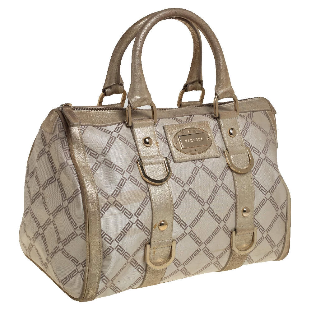 Versace Metallic Gold/Cream Signature Canvas And Leather Snap Out Of It Satchel For Women - Image 3
