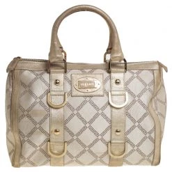 Versace Metallic Gold/Cream Signature Canvas And Leather Snap Out Of It Satchel For Women