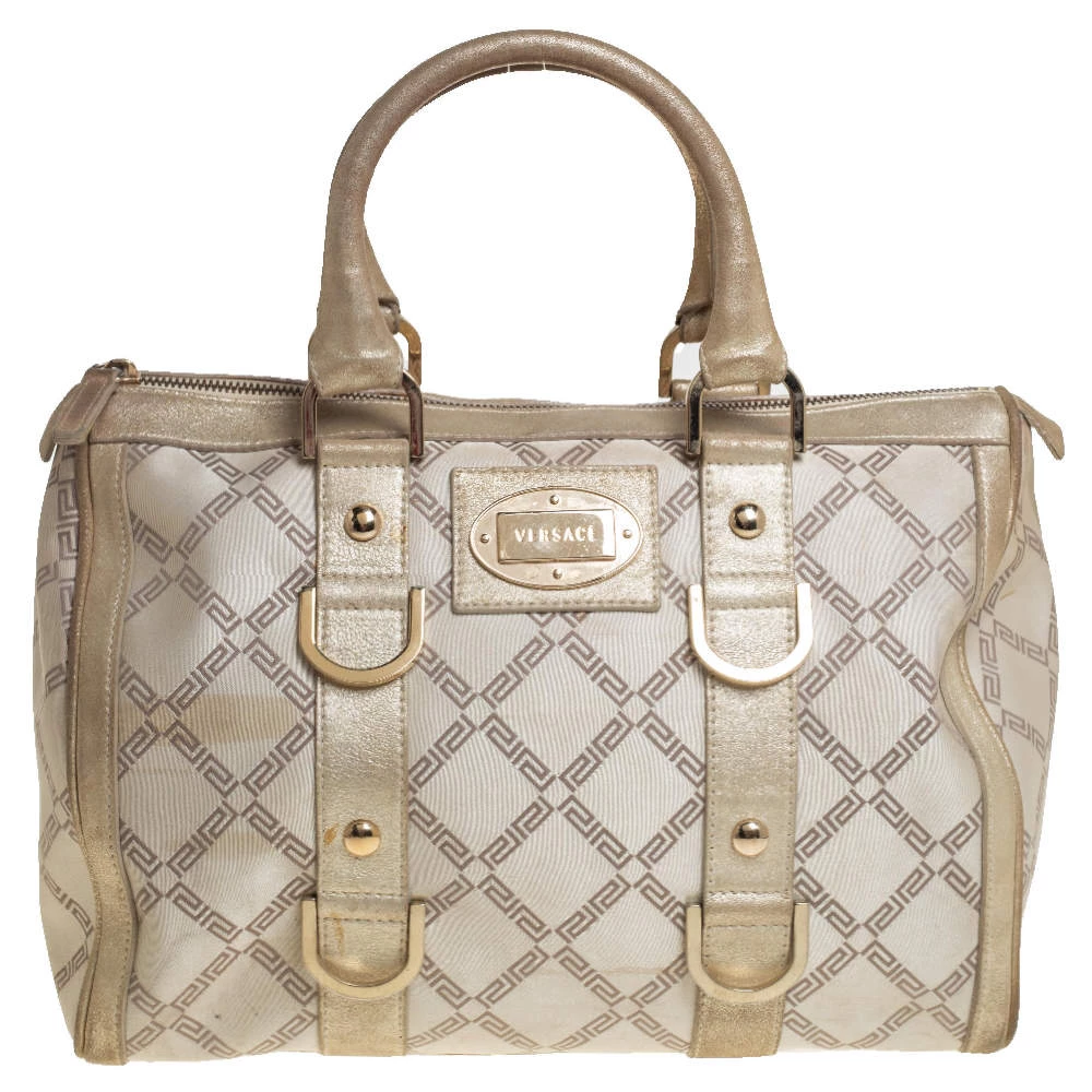 Versace Metallic Gold/Cream Signature Canvas And Leather Snap Out Of It Satchel For Women
