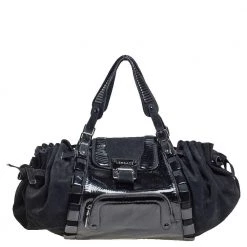 Versace Black Suede And Patent Leather Drawsting Satchel For Women