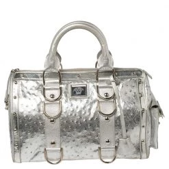 Versace Silver Ostrich Embossed Leather Snap Out Of It Satchel For Women