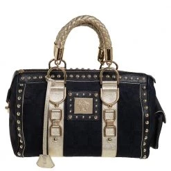 Versace Black Monogram Fabric And Leather Snap Out Of It Satchel For Women