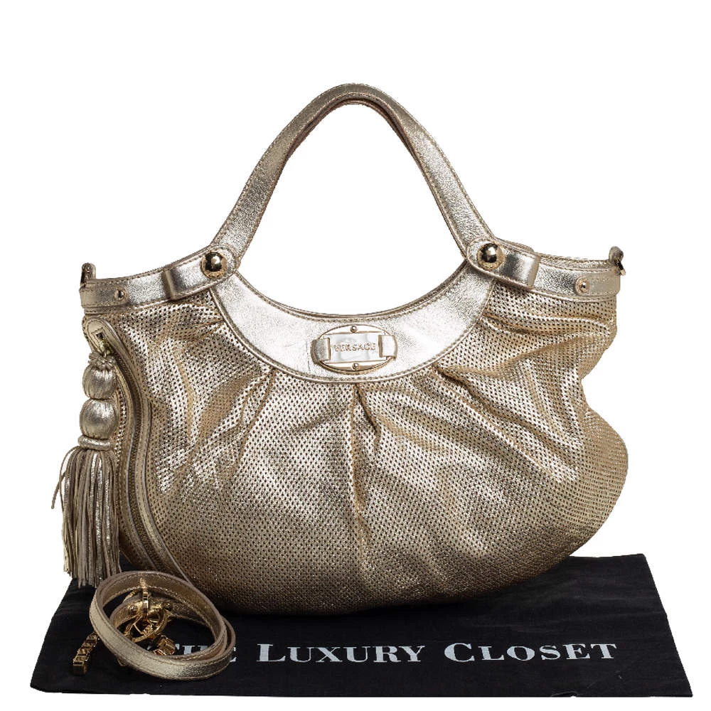 Versace Gold Perforated Leather Tassel Shoulder Bag For Women - Image 9