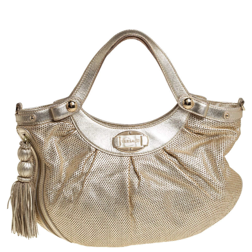 Versace Gold Perforated Leather Tassel Shoulder Bag For Women