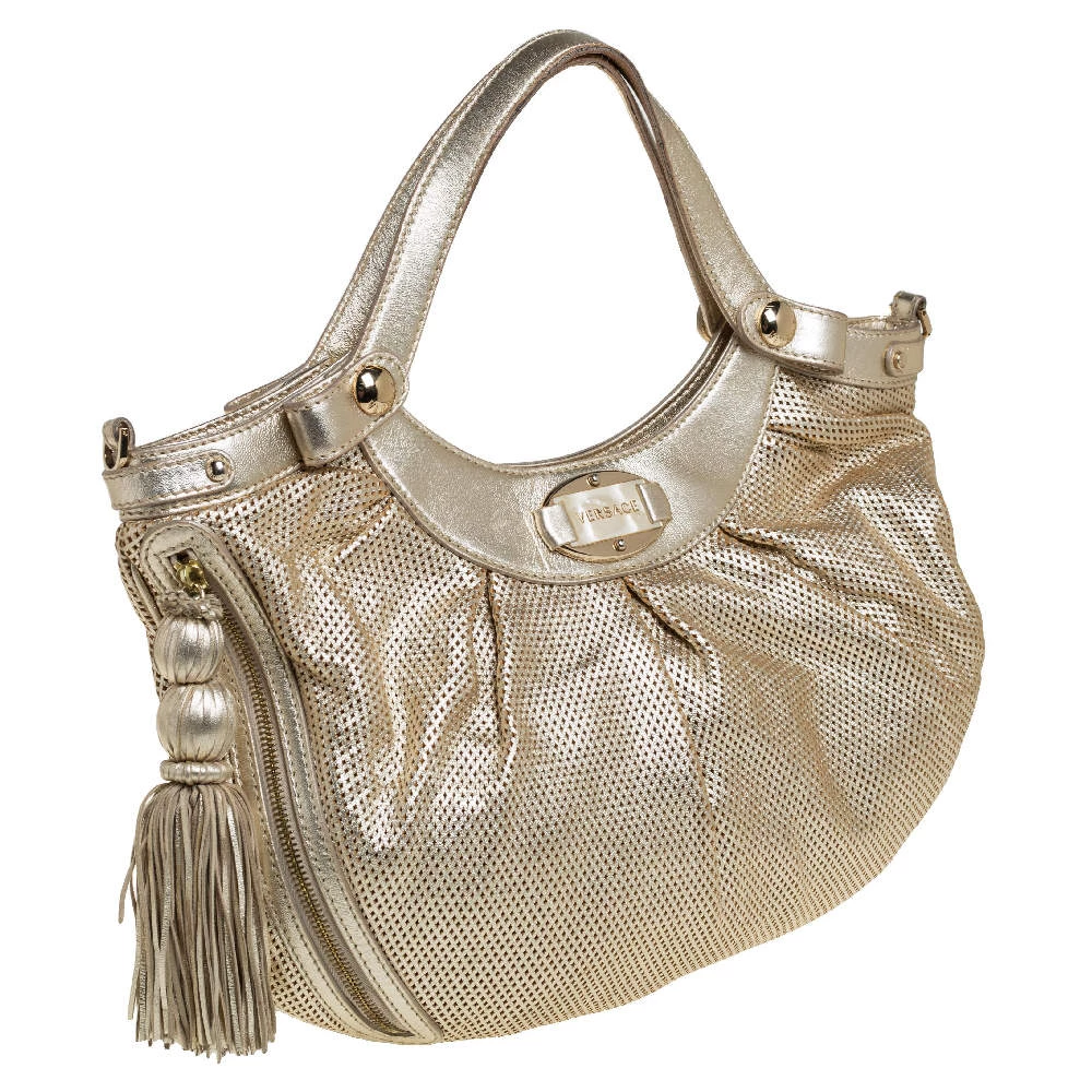 Versace Gold Perforated Leather Tassel Shoulder Bag For Women - Image 3