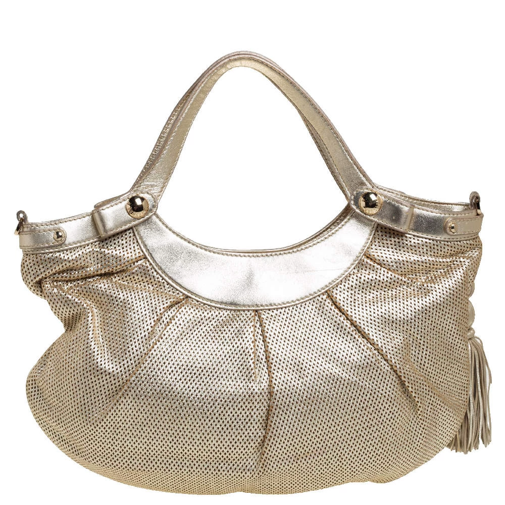 Versace Gold Perforated Leather Tassel Shoulder Bag For Women - Image 4