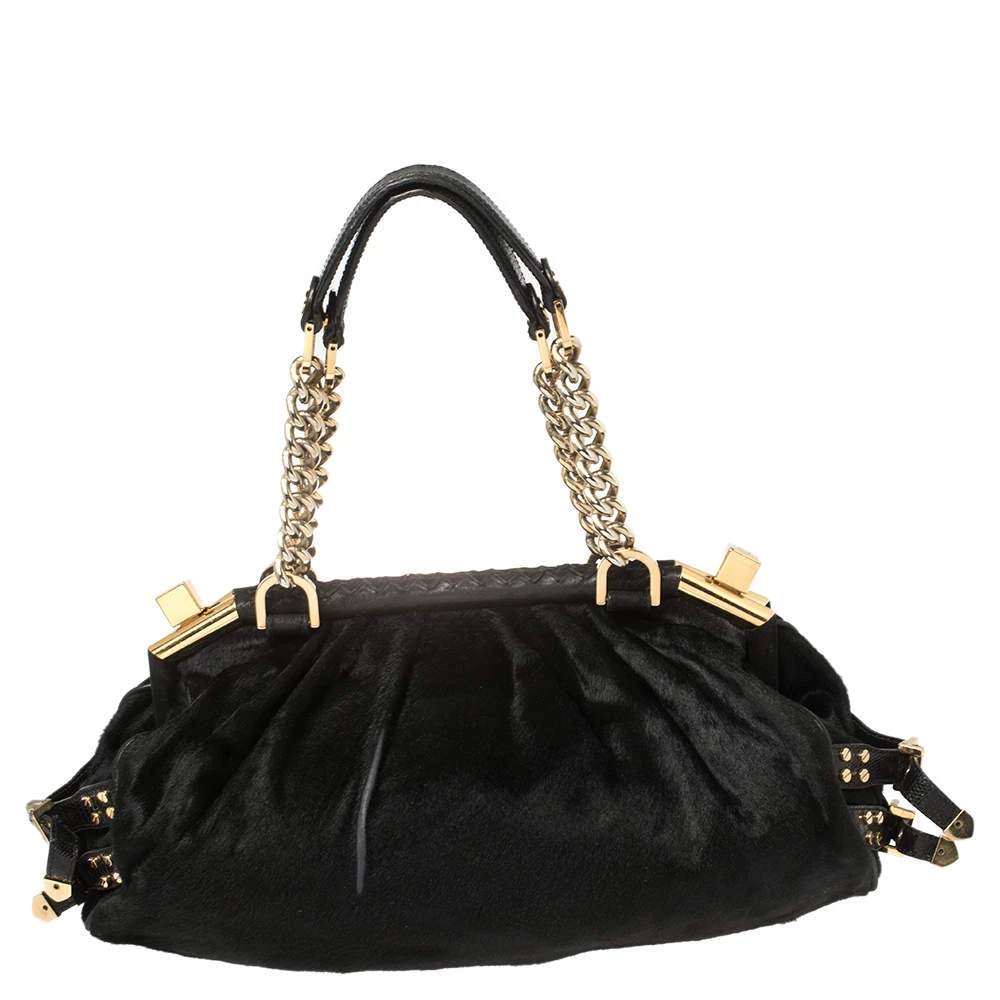 Versace Black Suede/Calfhair And Lizard Embossed Corset Frame Shoulder Bag For Women - Image 4