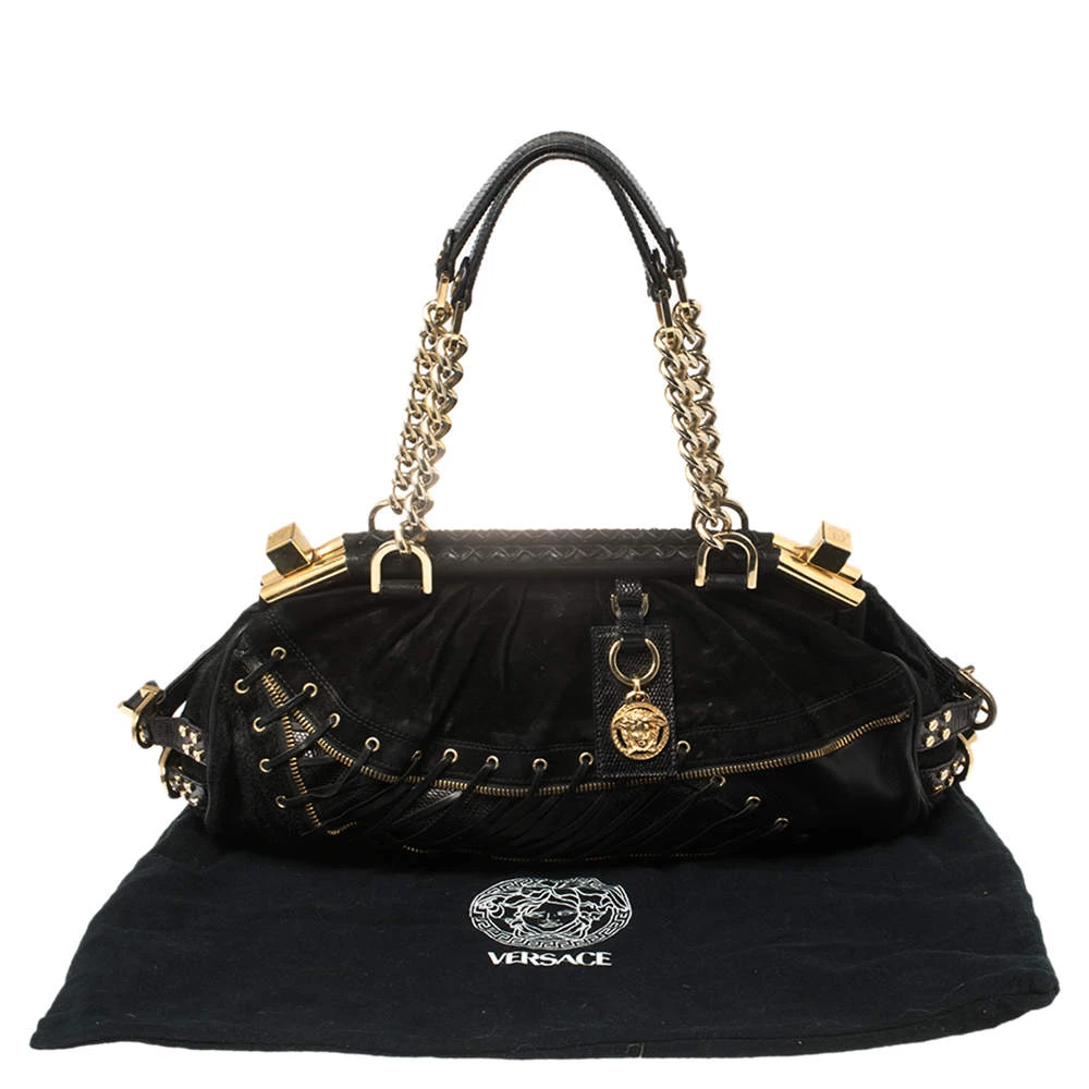 Versace Black Suede/Calfhair And Lizard Embossed Corset Frame Shoulder Bag For Women - Image 10