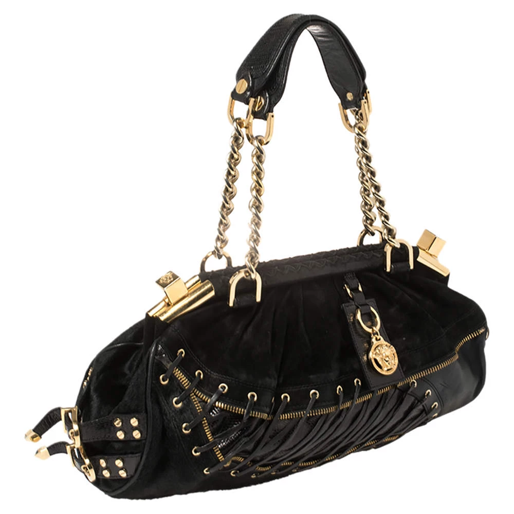 Versace Black Suede/Calfhair And Lizard Embossed Corset Frame Shoulder Bag For Women - Image 3