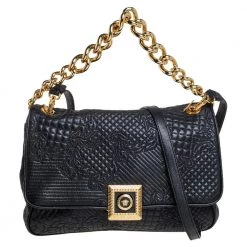 Versace Black Barocco Leather Flap Shoulder Bag For Women
