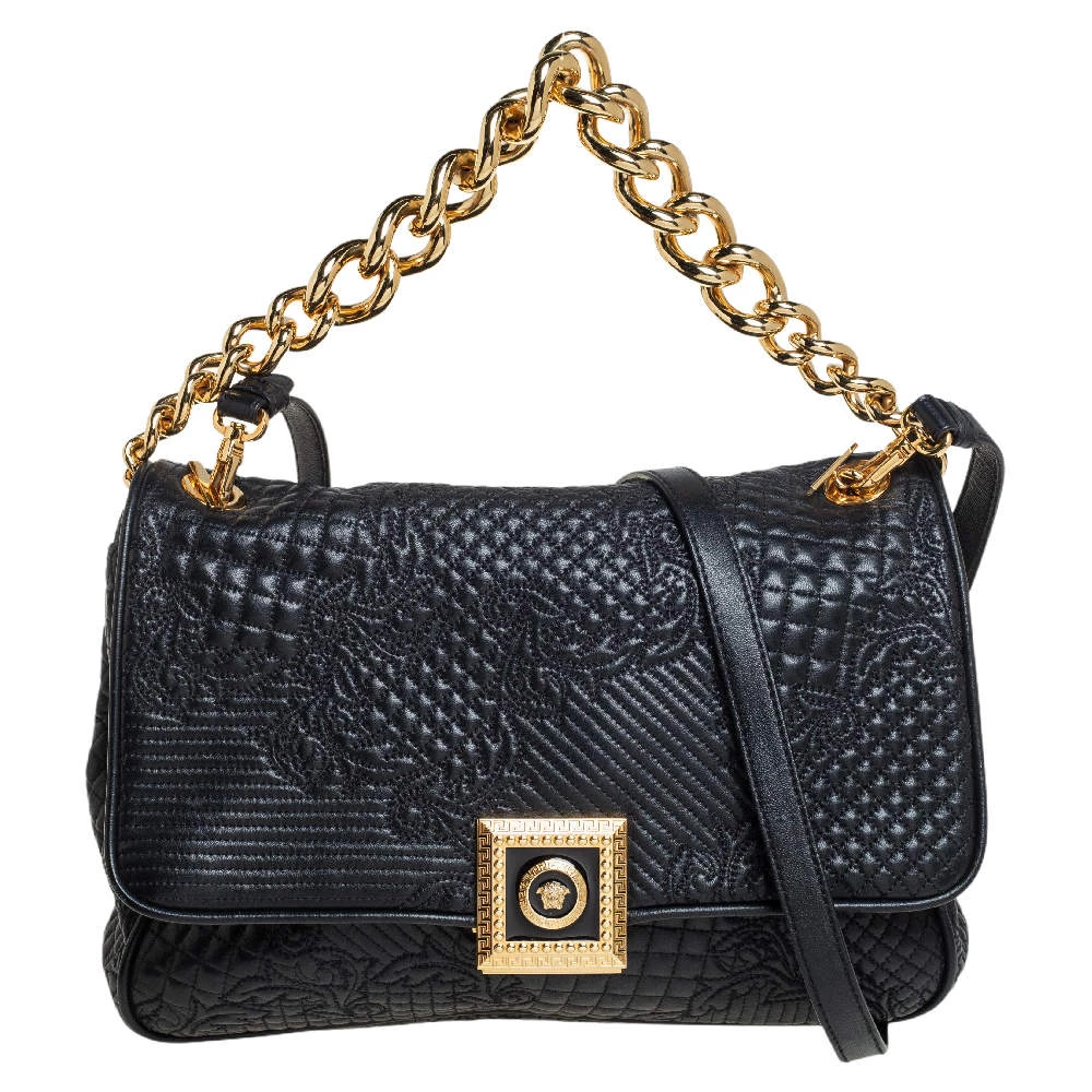 Versace Black Barocco Leather Flap Shoulder Bag For Women
