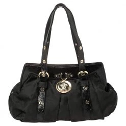 Versace Black Monogram Pleated Nylon And Patent Leather Medusa Frame Satchel For Women