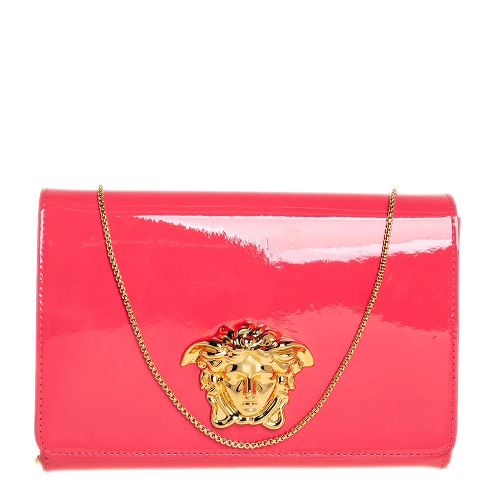 Versace Peach Patent Leather Medusa Chain Clutch For Women