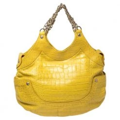 Versace Yellow Croc Embossed Leather Kiss Satchel For Women