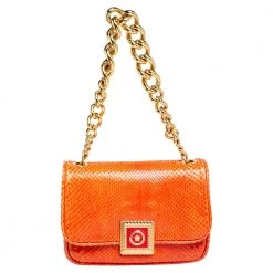 Versace Orange Embossed Python Leather Medusa Flap Shoulder Bag For Women