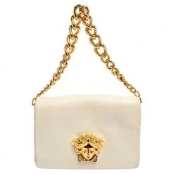 Versace White Leather Medusa Flap Shoulder Bag For Women