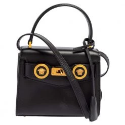 Versace Black Leather Small Icon Top Handle Bag For Women