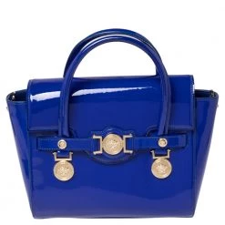 Versace Blue Patent Leather Medium Medusa Medallion Tote For Women