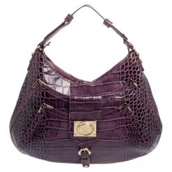 Versace Purple Croc Embossed Leather Hobo For Women