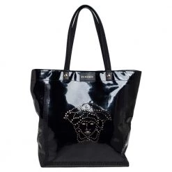Versace Black Patent Leather Perforated Medusa Shopper Tote For Women