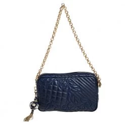 Versace Blue Leather Embroidered Vanitas Shoulder Bag For Women