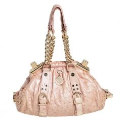 Versace Peach Ostrich Embossed Leather Madonna Satchel For Women