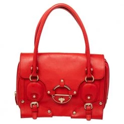 Versace Red Leather Studded Tote For Women