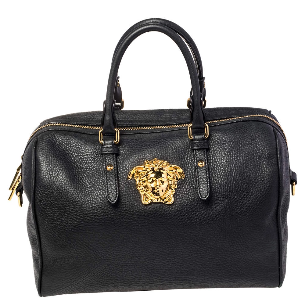 Versace Black Leather Medusa Boston Bag For Women
