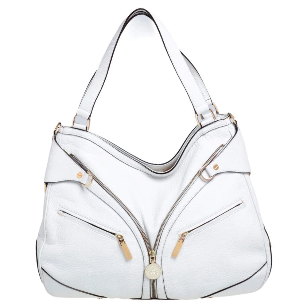 Versace White Pebbled Leather Biker Hobo For Women