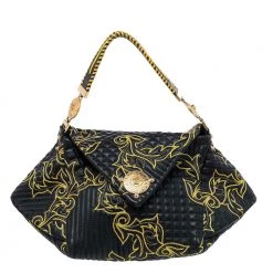 Versace Black/Yellow Barocco Leather Floral Stitch Top Handle Bag For Women