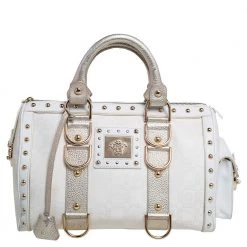 Versace Off White/Gold Monogram Fabric And Leather Snap Out Of It Satchel For Women